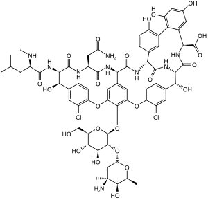 ванкоміцин   Хімічне з'єднання   ІЮПАК   (1 S, 2 R, 18 R, 19 R, 22 S, 25 R, 28 R, 40 S) - 48- {[(2 S, 3 R, 4 S, 5 S, 6 R) - 3 { [(2 S, 4 S, 5 S, 6 S) - 4 amino- 5 hydroxy- 4,6- dimethyloxan- 2 yl] oxy} - 4,5- dihydroxy- 6- (hydroxymethyl) oxan- 2 - yl] oxy} - 22- (carbamoylmethyl) - 5,15- dichloro- 2,18,32,35,37- pentahydroxy- 19- [(2 R) - 4 methyl- 2- (methylamino) pentanamido] - 20,23,26,42,44- pentaoxo- 7,13- dioxa- 21,24,27,41,43- pentaazaoctacyclo [26