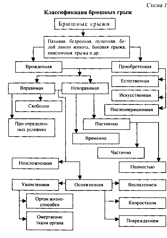 Все викладене вище дозволяє уявити анатомо-етіопатогенстіческую класифікацію черевних гриж у вигляді схеми 1
